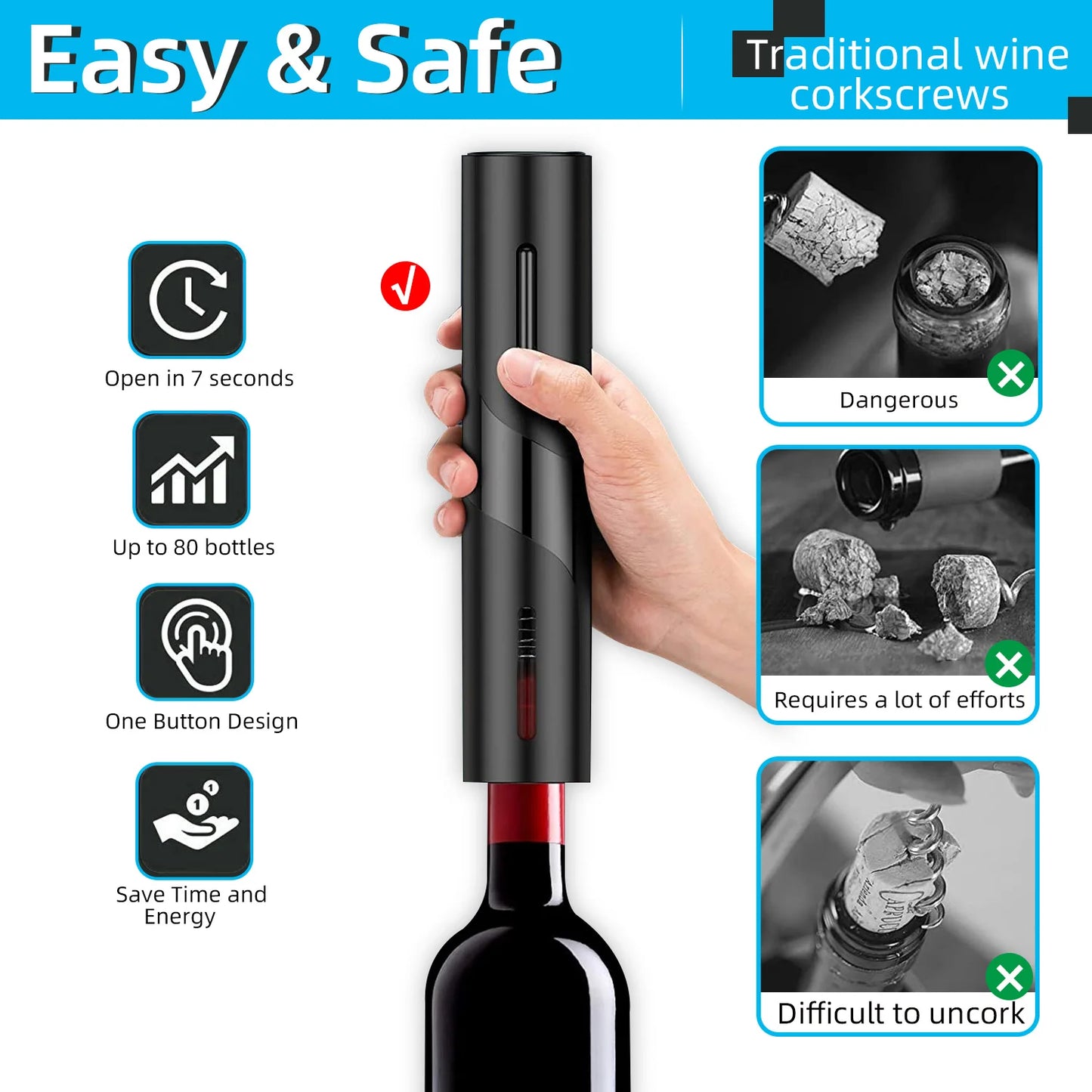 Electric wine opener, automatic corkscrew