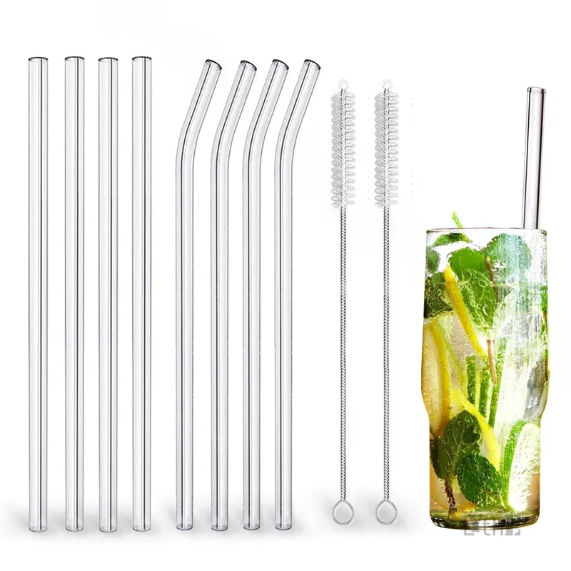 Eco-Friendly High Borosilicate Reusable Glass Straws for Drinks Smoothies Cocktails with Brushes