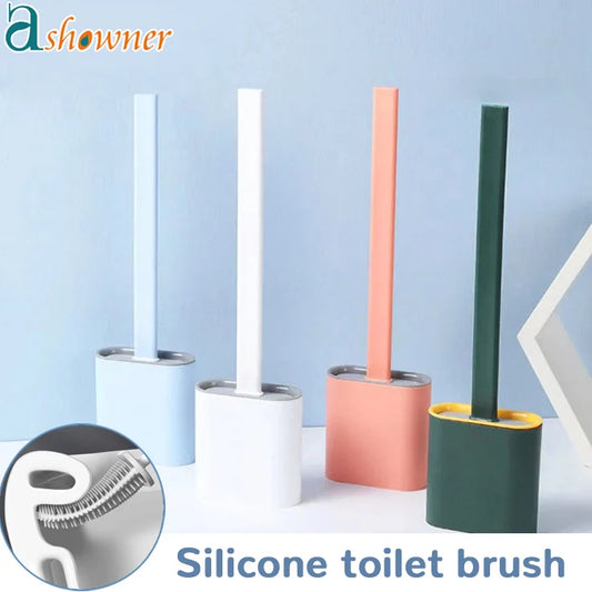 Silicone Toilet Brush, Toilet Cleaning Brush, Flexible Flat Head, Soft Bristle Brush with Holder.