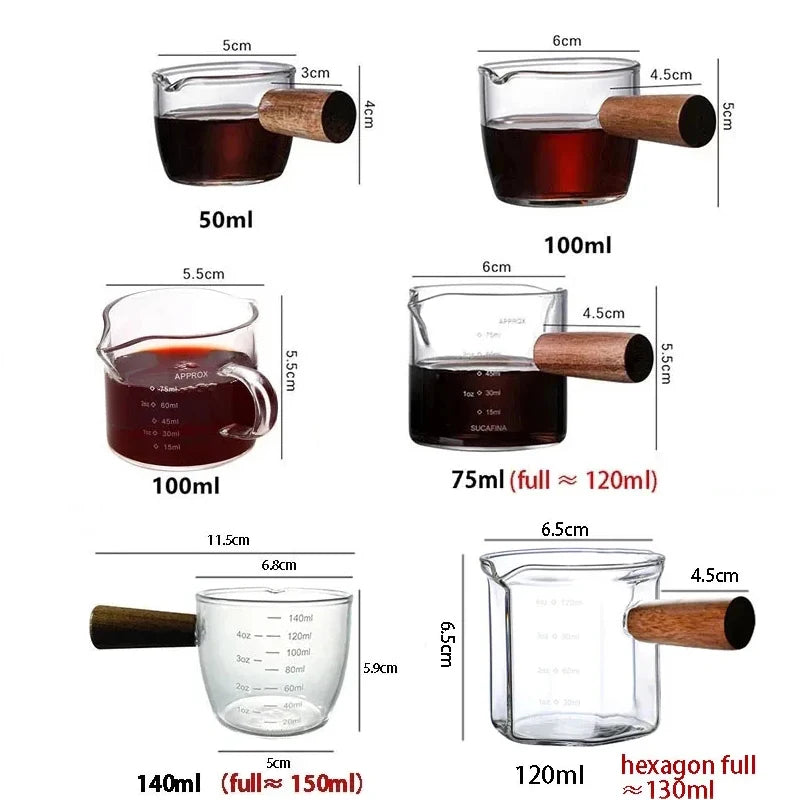 Transparent measuring cup with wooden handle 50ml | 75ml | 100ml | 120ml | 140ml