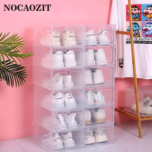 6Pcs Plastic Shoe Box Organizer, Foldable, Clear, Stackable