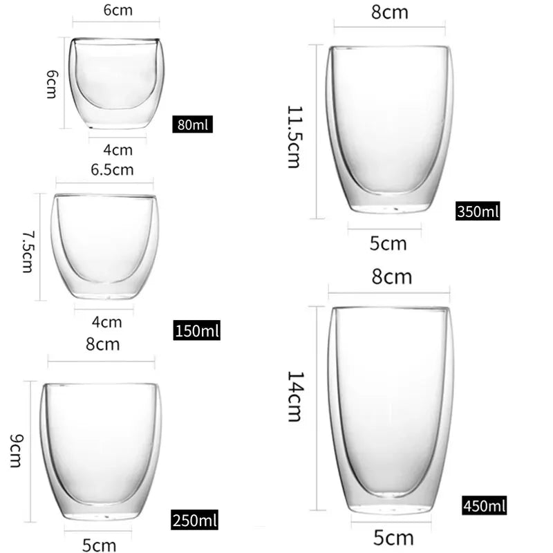 Double wall glass mugs 5 sizes with 6 pieces