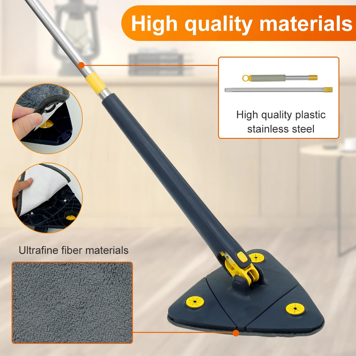 Telescopic triangular mop 360° rotating, adjustable, wet and dry use, water absorption