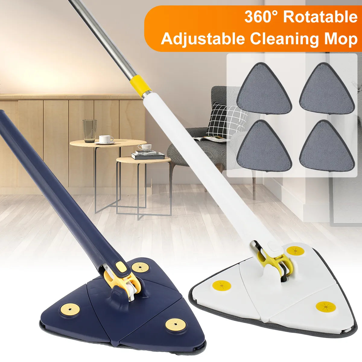 Telescopic triangular mop 360° rotating, adjustable, wet and dry use, water absorption