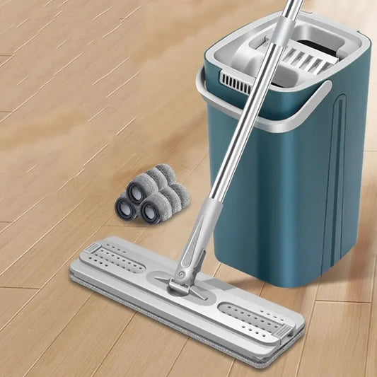 Flat Floor Mop and Bucket Set, Microfiber, Magic Wringer, Scalable