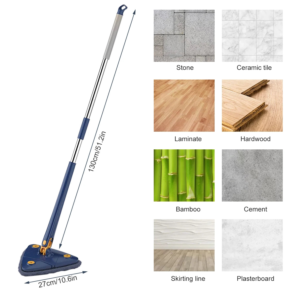 Telescopic triangular mop 360° rotating, adjustable, wet and dry use, water absorption