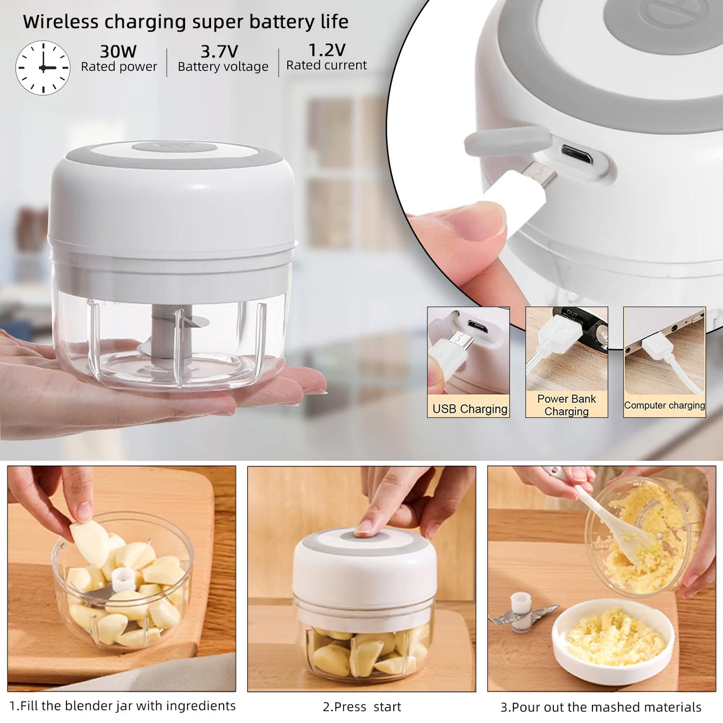 Electric Food Chopper Mini Portable USB Shredder